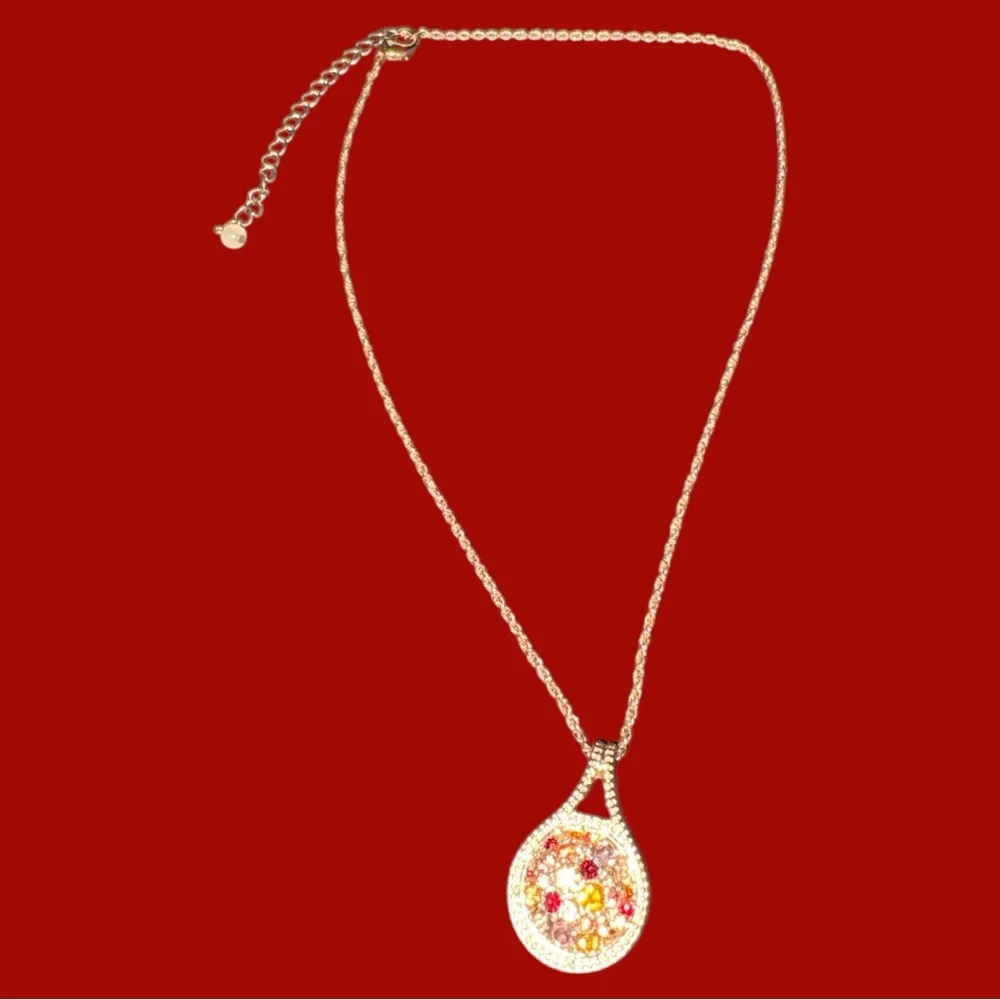 Multicolor Gold-Tone Chain Necklace with colourful rhinestones crystals pendant. - Picture 9 of 10